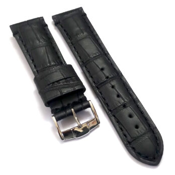 22mmm Genuine Leather Black With Black Stich Watch Band Strap for Men and Women | Comfortable and Durable-Material | Silver Buckle