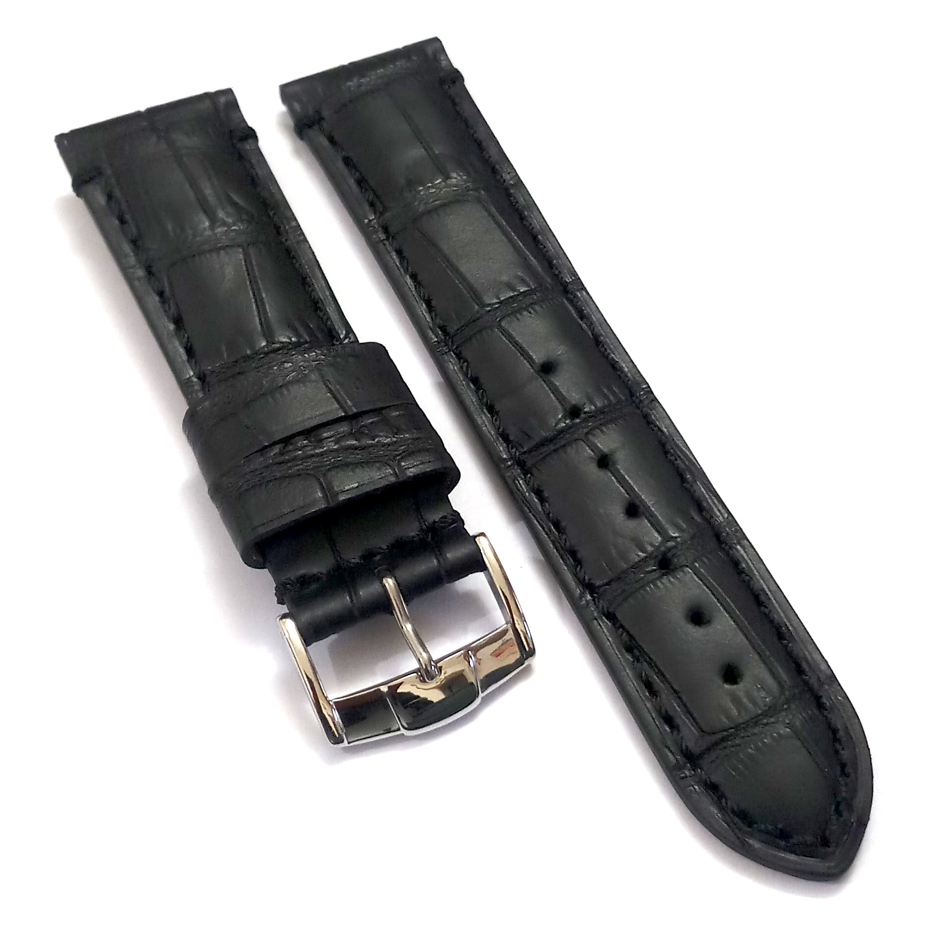 22mmm Genuine Leather Black With Black Stich Watch Band Strap for Men and Women | Comfortable and Durable-Material | Silver Buckle