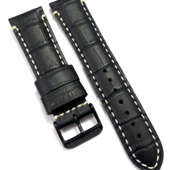 22mmm Genuine Leather Black With White Stich Watch Band Strap for Men and Women | Comfortable and Durable Material | Black-Buckle
