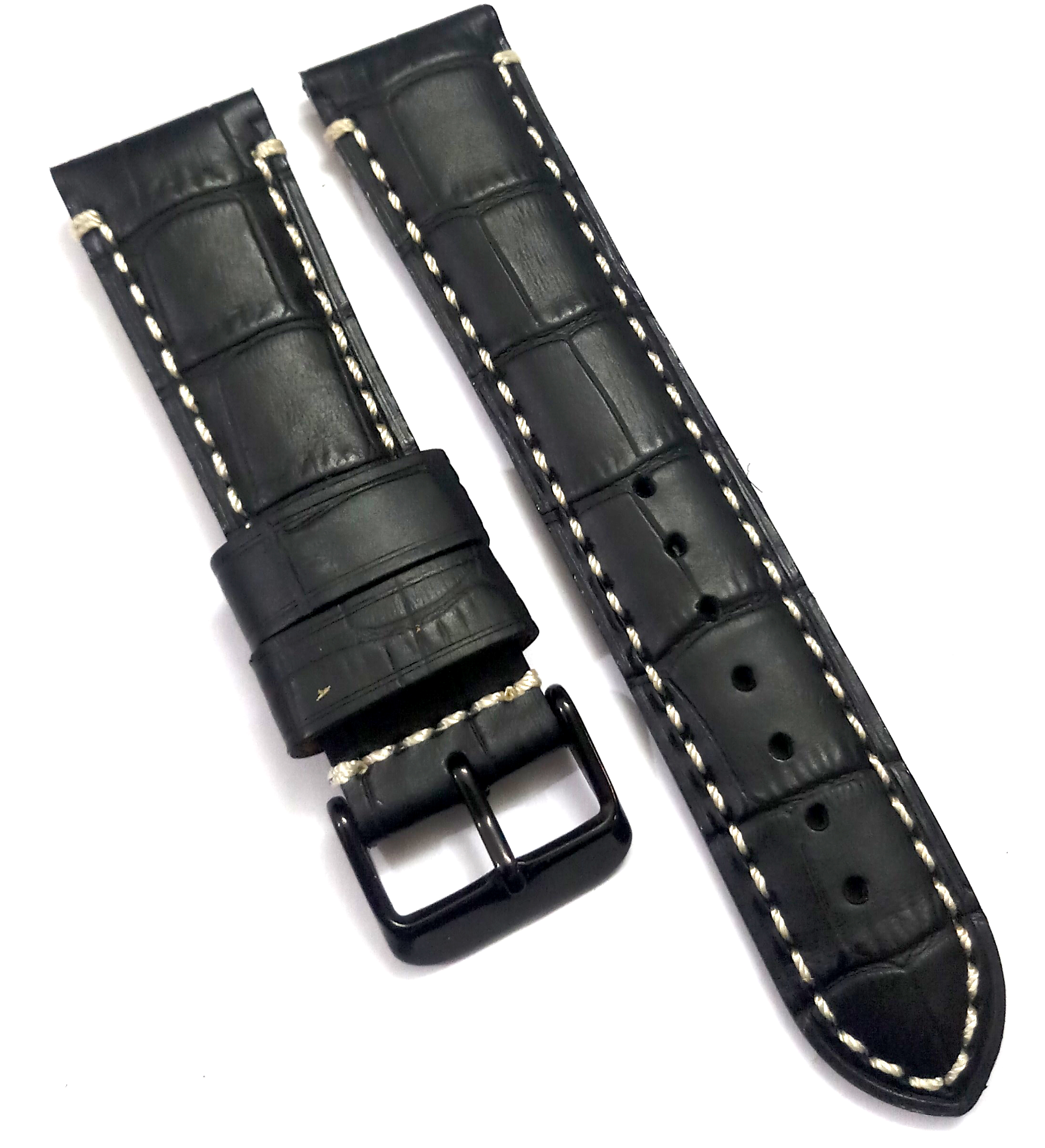 22mmm Genuine Leather Black With White Stich Watch Band Strap for Men and Women | Comfortable and Durable Material | Black-Buckle