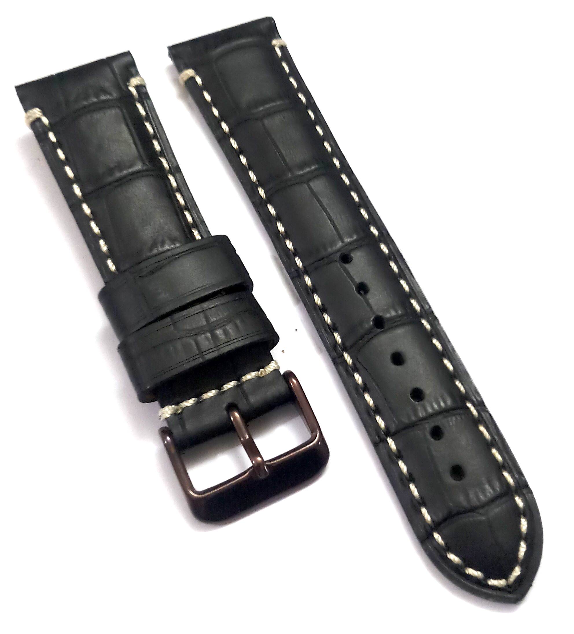22mmm Genuine Leather Black With White Stich Watch Band Strap for Men and Women | Comfortable and Durable Material | Dark Brown-Buckle