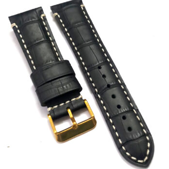 22mmm Genuine Leather Black With White Stich Watch Band Strap for Men and Women | Comfortable and Durable Material | Golden-Buckle