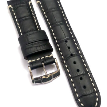 22mmm Genuine Leather Black With White Stich Watch Band Strap for Men and Women | Comfortable and Durable Material | Silver-Buckle