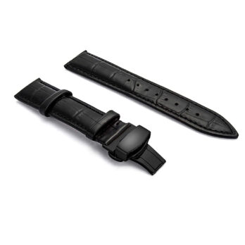 22mm Genuine Leather Black Watch Band Strap for Men and Women | Comfortable and Durable Material | Deployment Black Buckle-D1