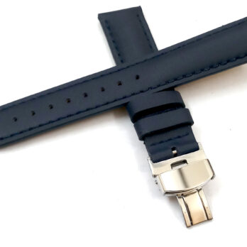 21mm Genuine Leather Dark Blue With Blue Stich Watch Band Strap for Men and Women | Comfortable and Durable Material | Deployment Silver Buckle