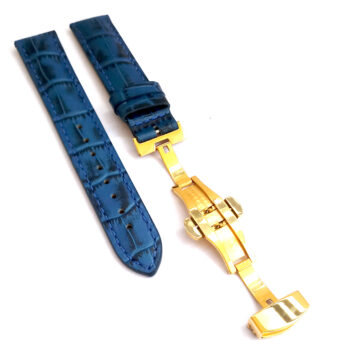 23mm Genuine Leather Blue With Blue Stich Watch Band Strap for Men and Women | Comfortable and Durable Material | Deployment Yellow Buckle