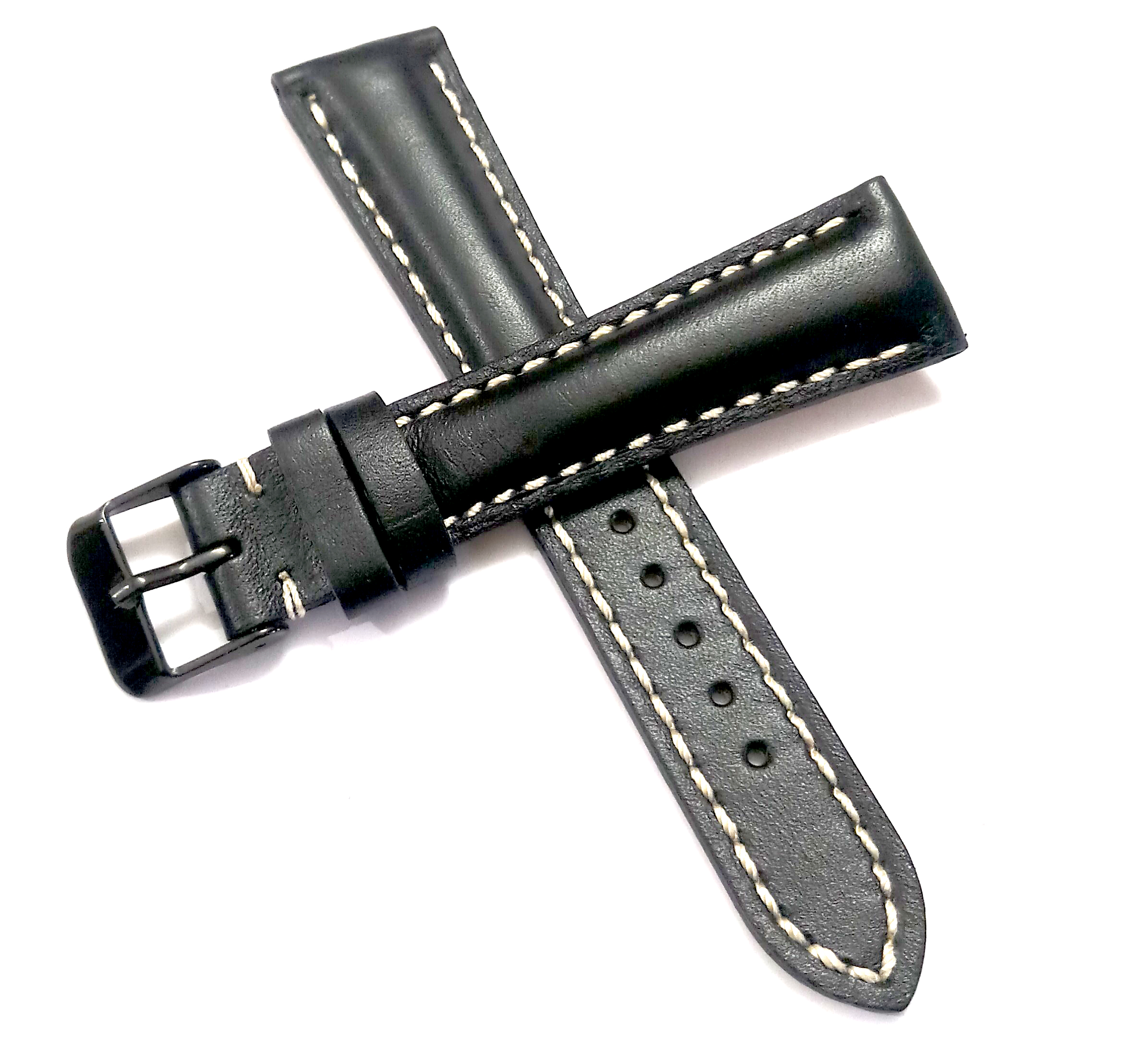 18mmm Genuine Leather Black With White Stich Watch Band Strap for Men and Women | Comfortable and Durable Material | Black Buckle - Image 3