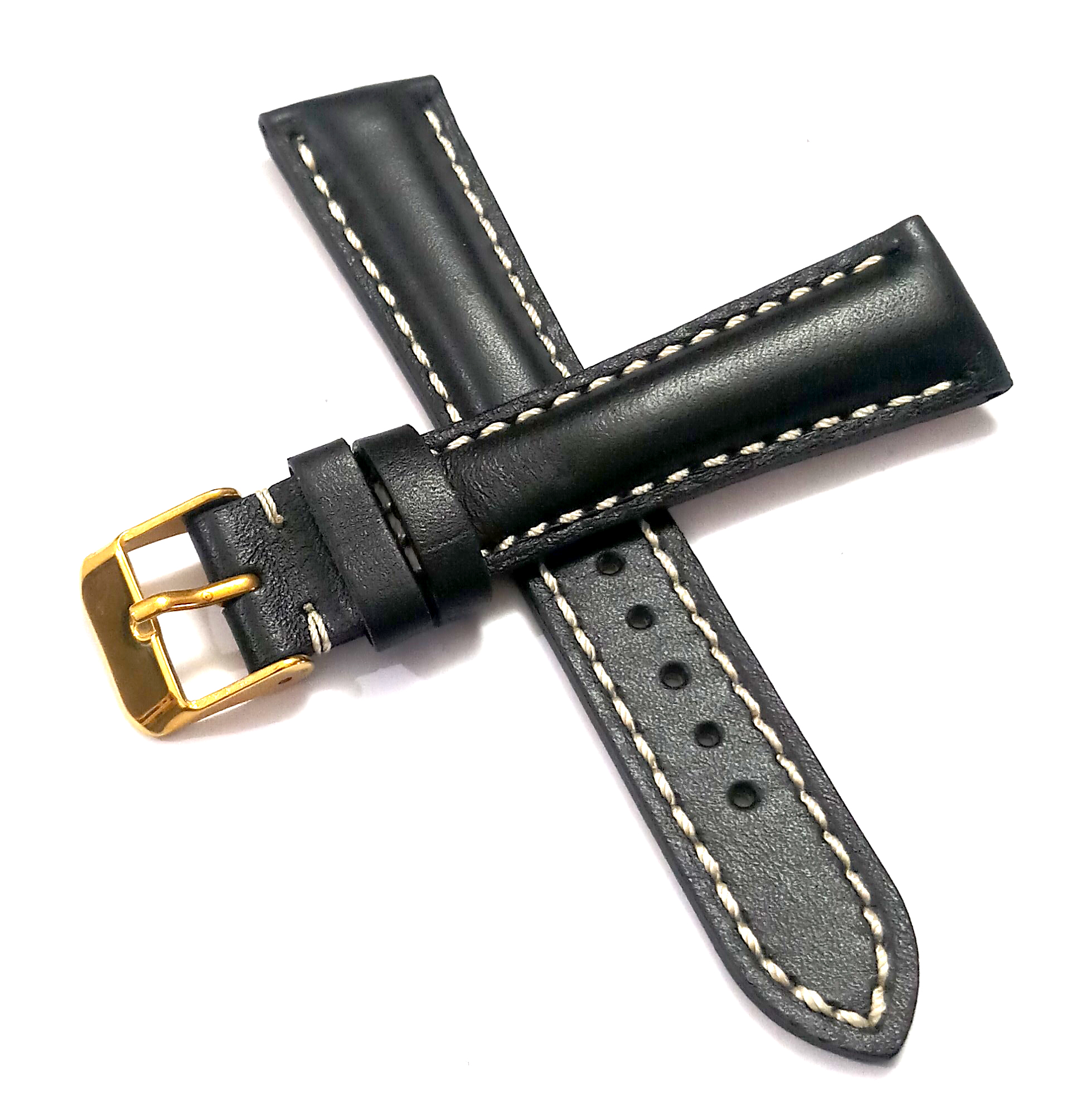 18mmm Genuine Leather Black With White Stich Watch Band Strap for Men and Women | Comfortable and Durable Material | Yellow Buckle - Image 3