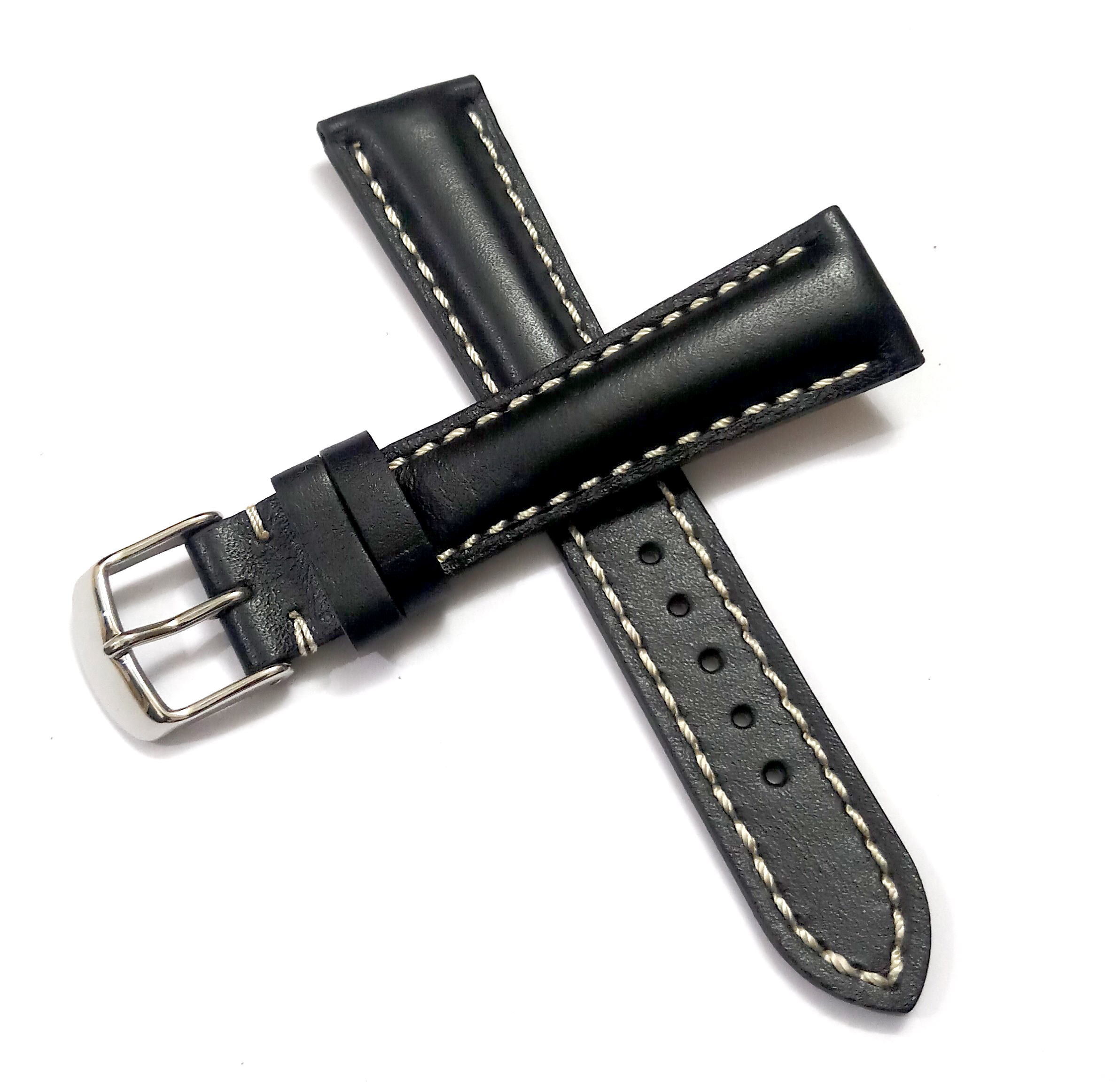 18mmm Genuine Leather Black With White Stich Watch Band Strap for Men and Women | Comfortable and Durable Material | Silver Buckle - Image 3