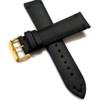 22mmm Genuine Leather Black With Black Stich Watch Band Strap for Men and Women | Comfortable and Durable Material | Golden Buckle