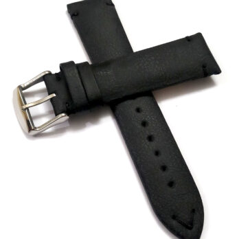 22mmm Genuine Leather Black With Black Stich Watch Band Strap for Men and Women | Comfortable and Durable Material | Silver Buckle