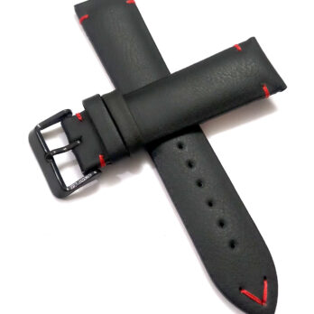 22mmm Genuine Leather Black With Red Stich Watch Band Strap for Men and Women | Comfortable and Durable Material | Black Buckle