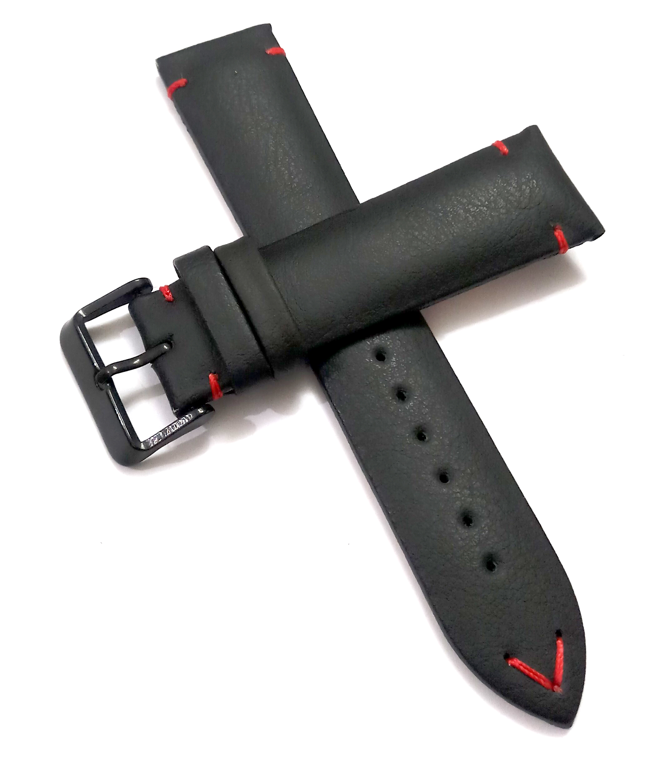 22mmm Genuine Leather Black With Red Stich Watch Band Strap for Men and Women | Comfortable and Durable Material | Black Buckle - Image 2