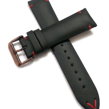 22mmm Genuine Leather Black With Red Stich Watch Band Strap for Men and Women | Comfortable and Durable Material | Dark Brown Buckle