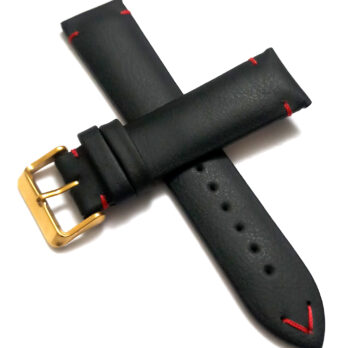 22mmm Genuine Leather Black With Red Stich Watch Band Strap for Men and Women | Comfortable and Durable Material | Golden Buckle
