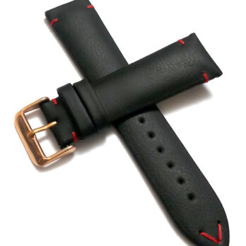 22mmm Genuine Leather Black With Red Stich Watch Band Strap for Men and Women | Comfortable and Durable Material | Rose Buckle