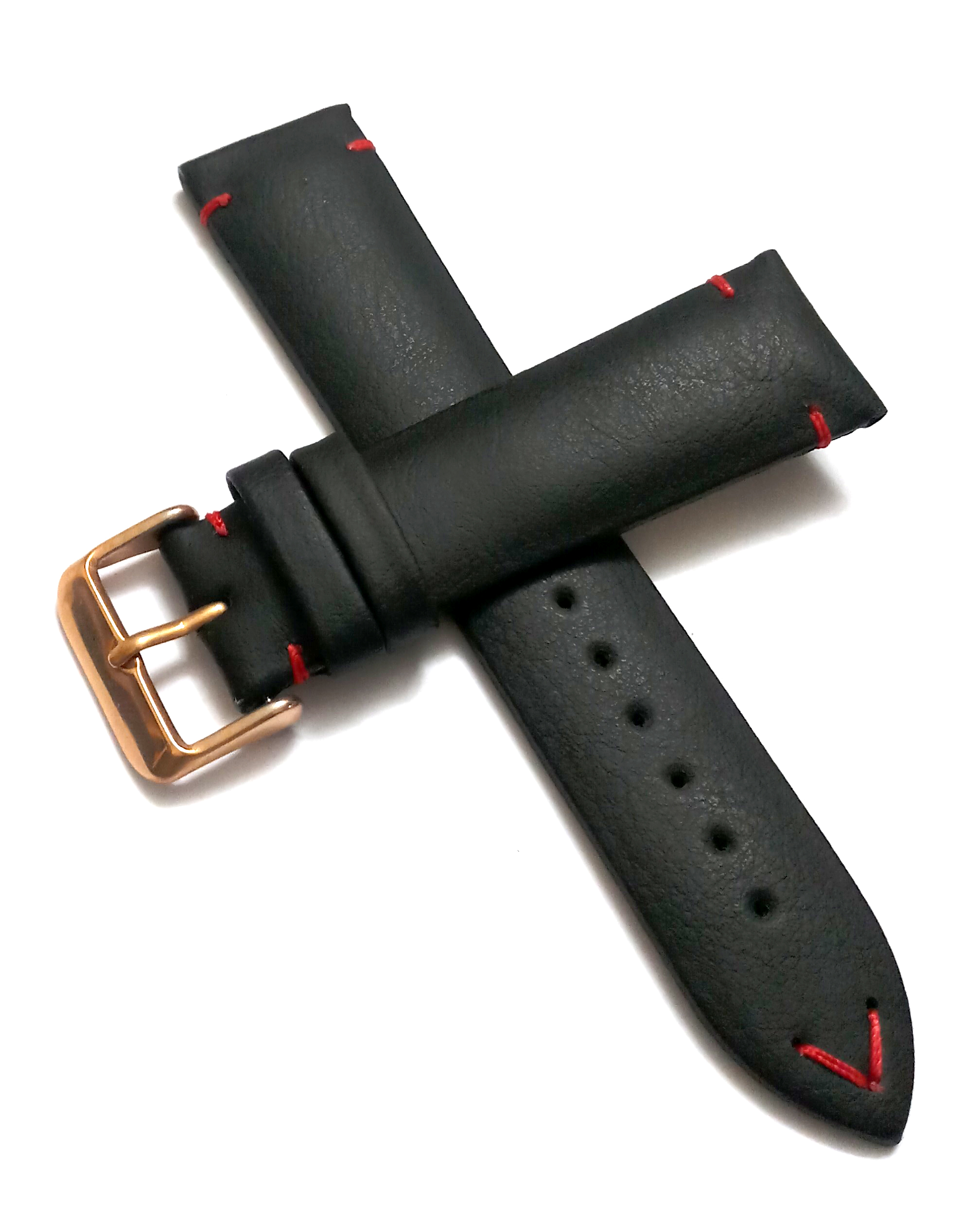 22mmm Genuine Leather Black With Red Stich Watch Band Strap for Men and Women | Comfortable and Durable Material | Rose Buckle - Image 2
