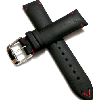 22mmm Genuine Leather Black With Red Stich Watch Band Strap for Men and Women | Comfortable and Durable Material | Silver Buckle