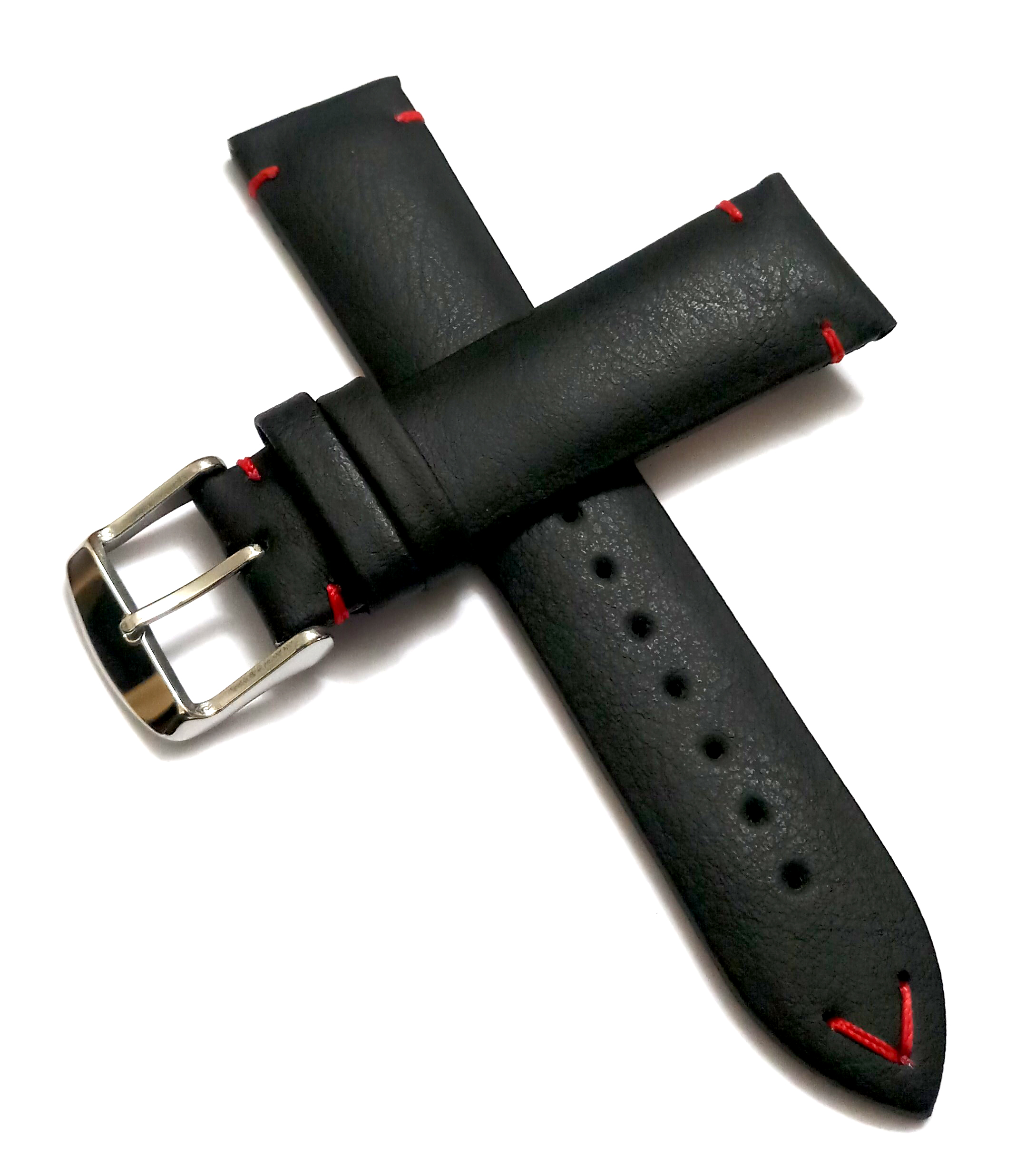 22mmm Genuine Leather Black With Red Stich Watch Band Strap for Men and Women | Comfortable and Durable Material | Silver Buckle - Image 2