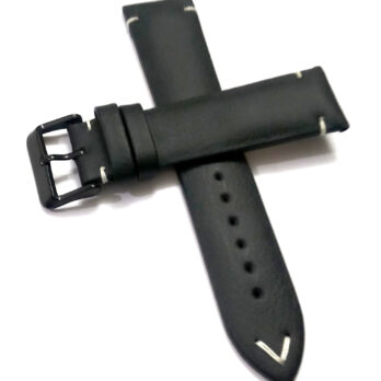 22mmm Genuine Leather Black With White Stich Watch Band Strap for Men and Women | Comfortable and Durable Material | Black Buckle