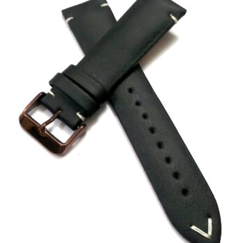 22mmm Genuine Leather Black With White Stich Watch Band Strap for Men and Women | Comfortable and Durable Material | Dark Brown Buckle