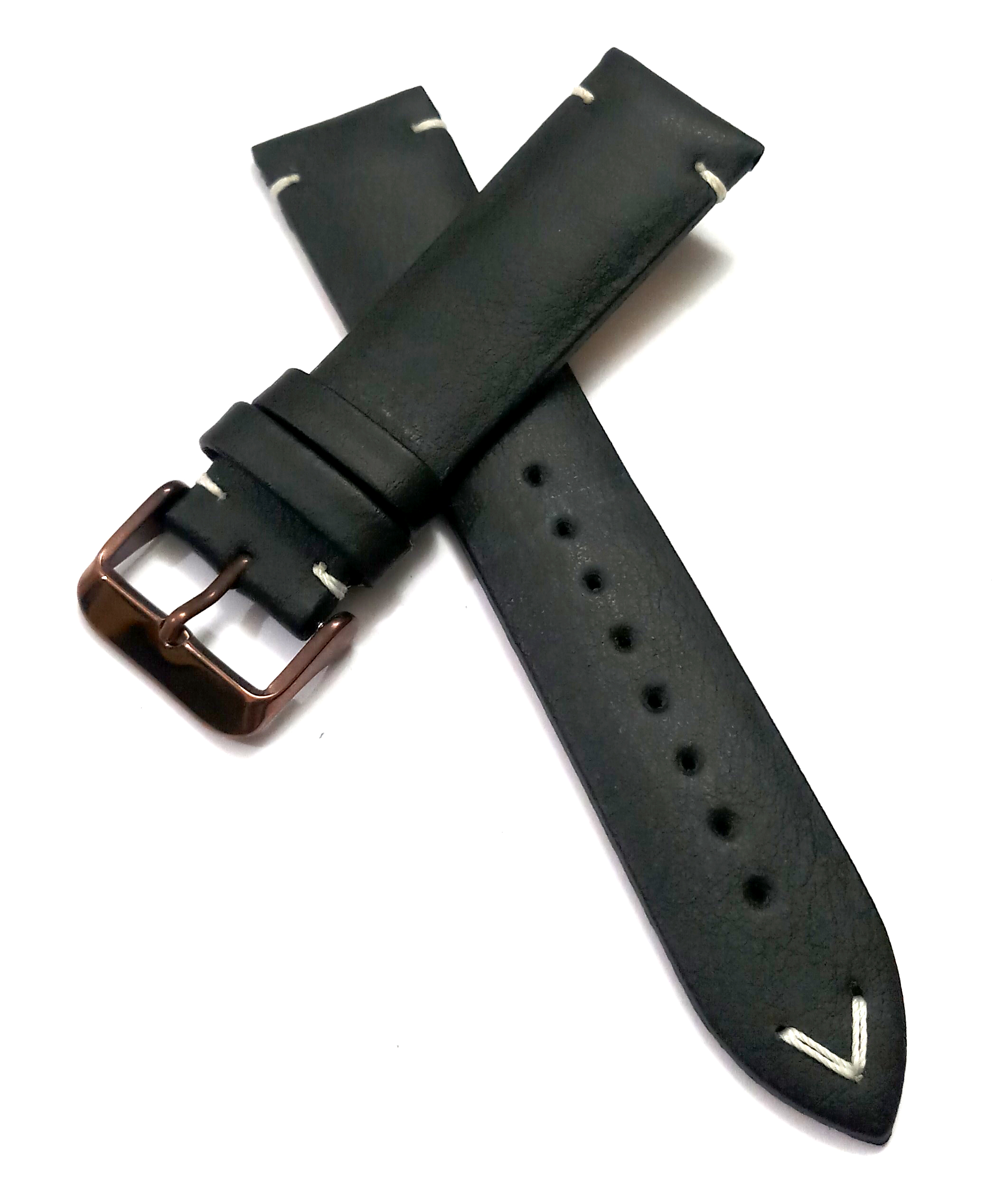 22mmm Genuine Leather Black With White Stich Watch Band Strap for Men and Women | Comfortable and Durable Material | Dark Brown Buckle