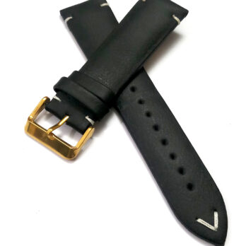 22mmm Genuine Leather Black With White Stich Watch Band Strap for Men and Women | Comfortable and Durable Material | Golden Buckle