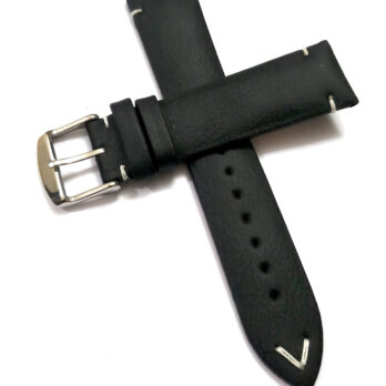 22mmm Genuine Leather Black With White Stich Watch Band Strap for Men and Women | Comfortable and Durable Material | Silver Buckle