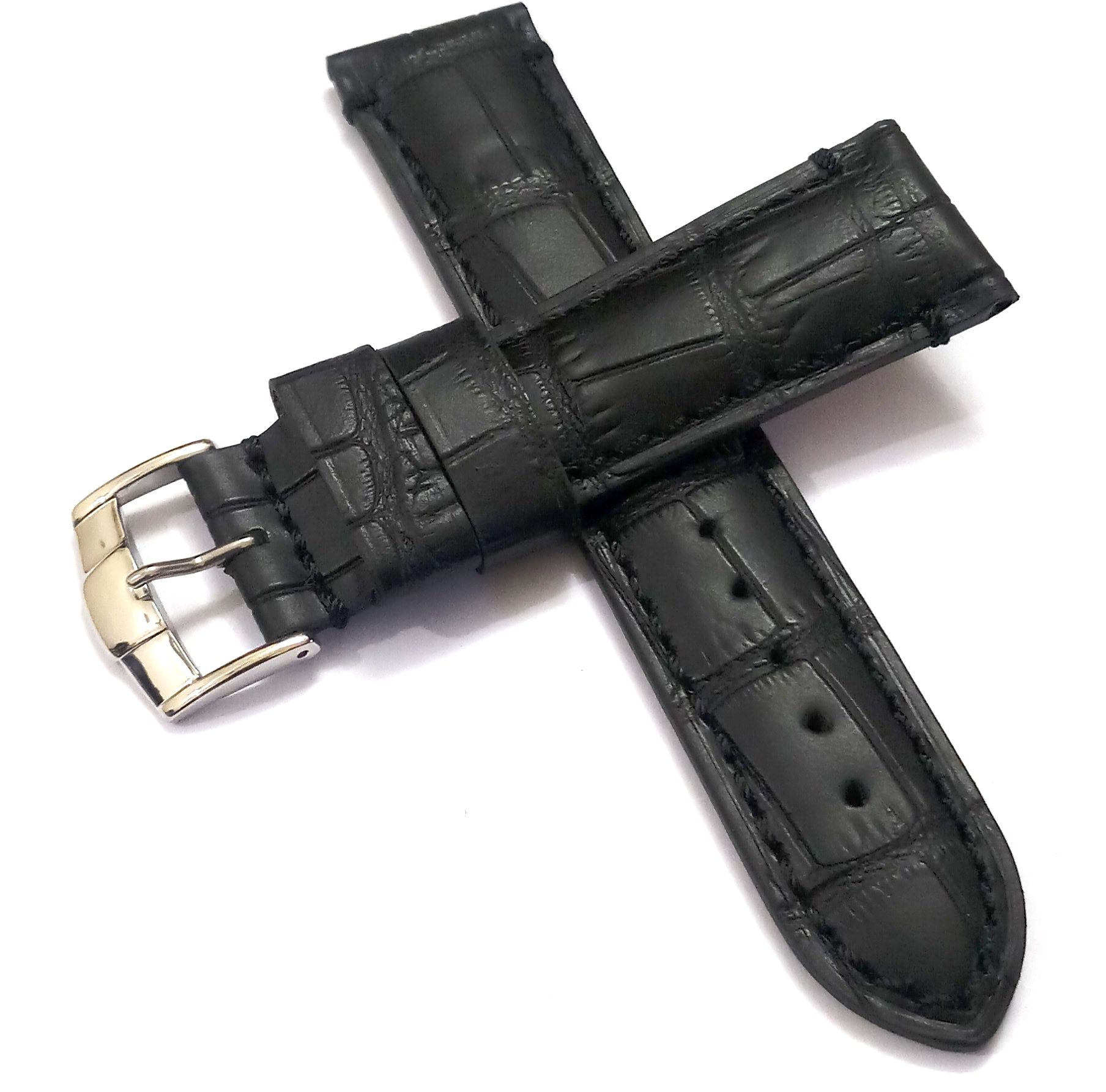 22mmm Genuine Leather Black With Black Stich Watch Band Strap for Men and Women | Comfortable and Durable-Material | Silver Buckle - Image 3