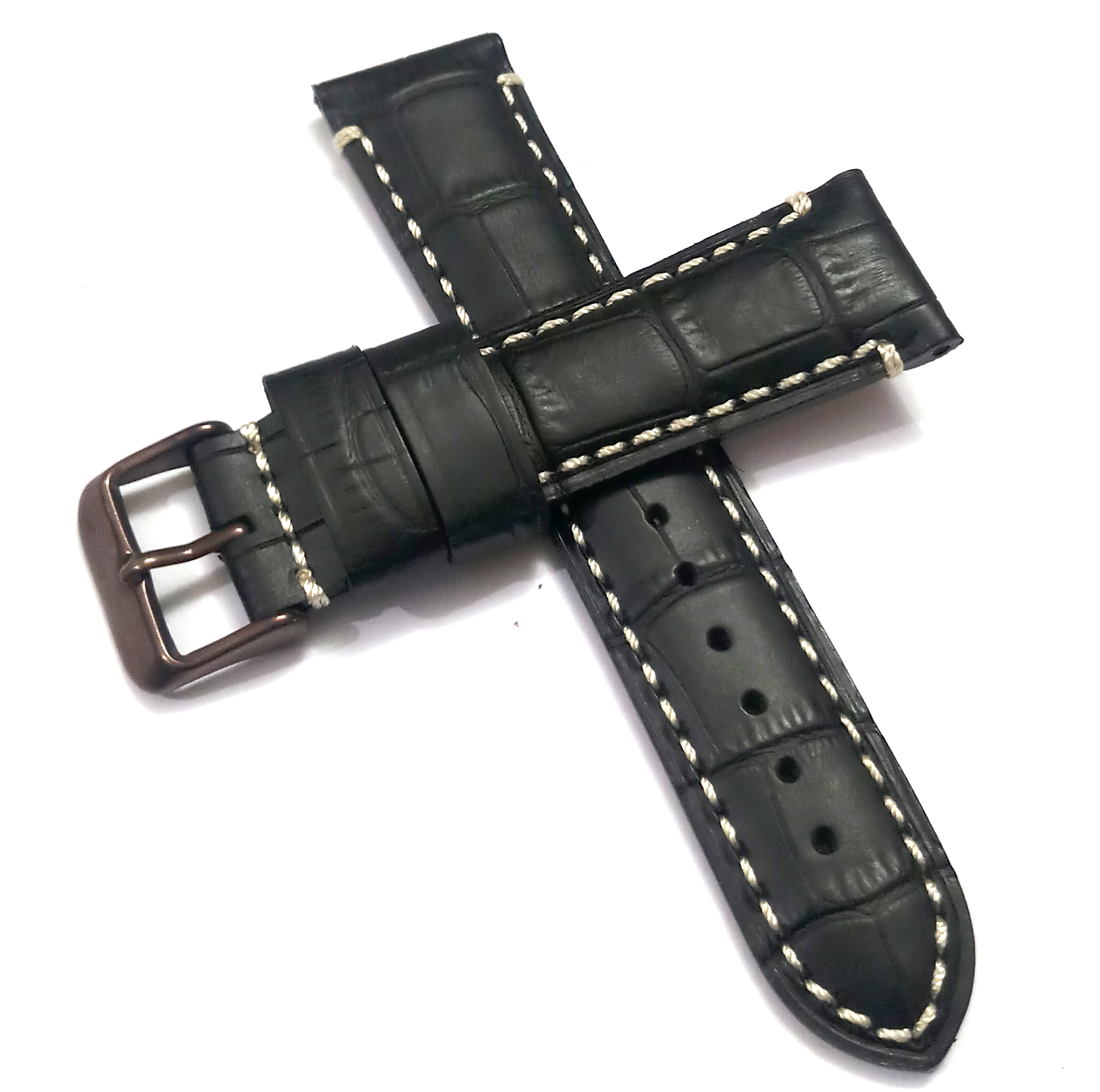 22mmm Genuine Leather Black With White Stich Watch Band Strap for Men and Women | Comfortable and Durable Material | Dark Brown-Buckle - Image 3
