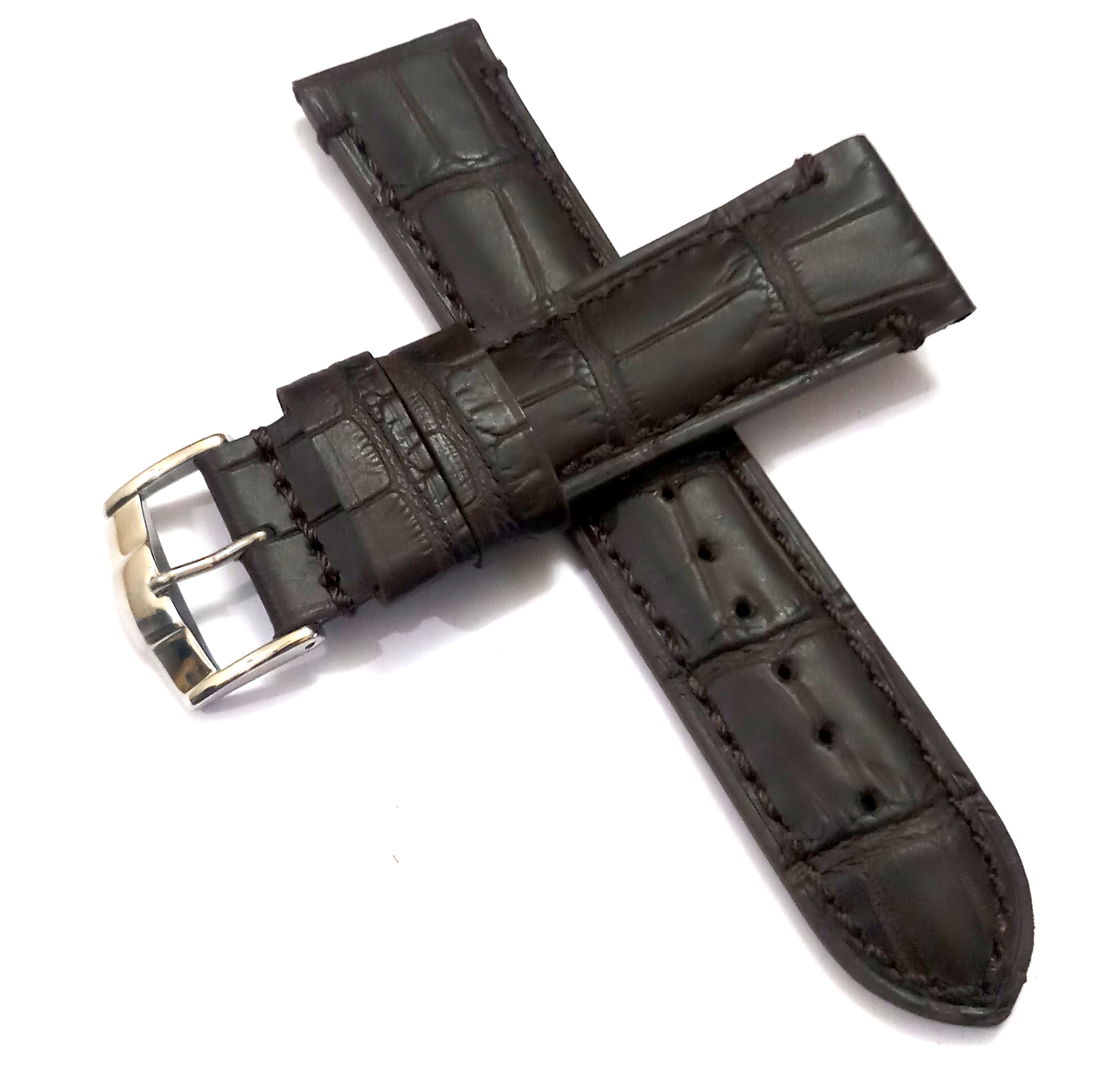 22mmm Genuine Leather Dark Brown With Brown Stich Watch Band Strap for Men and Women | Comfortable and Durable Material | Silver Buckle - Image 3