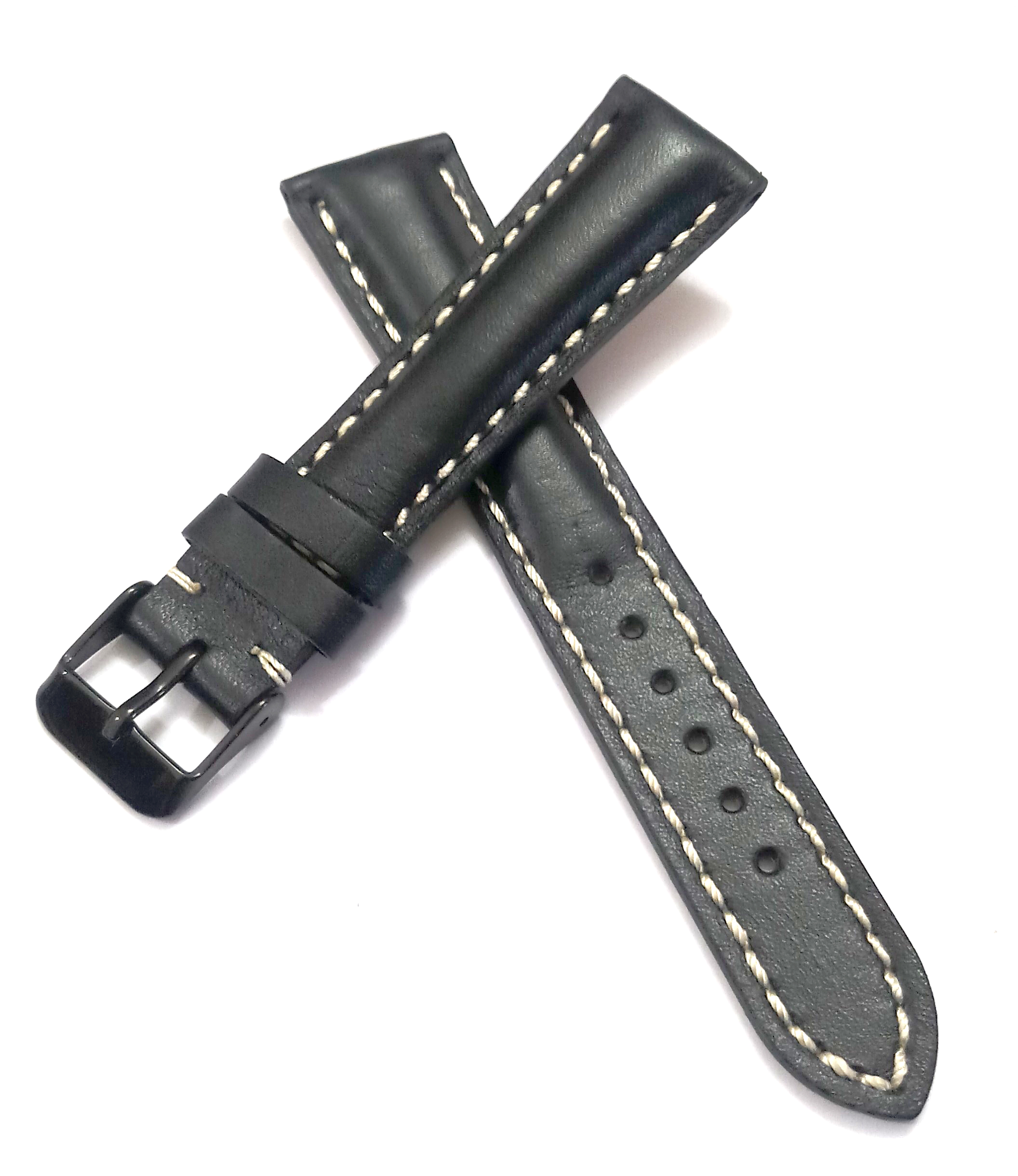 18mmm Genuine Leather Black With White Stich Watch Band Strap for Men and Women | Comfortable and Durable Material | Black Buckle - Image 4