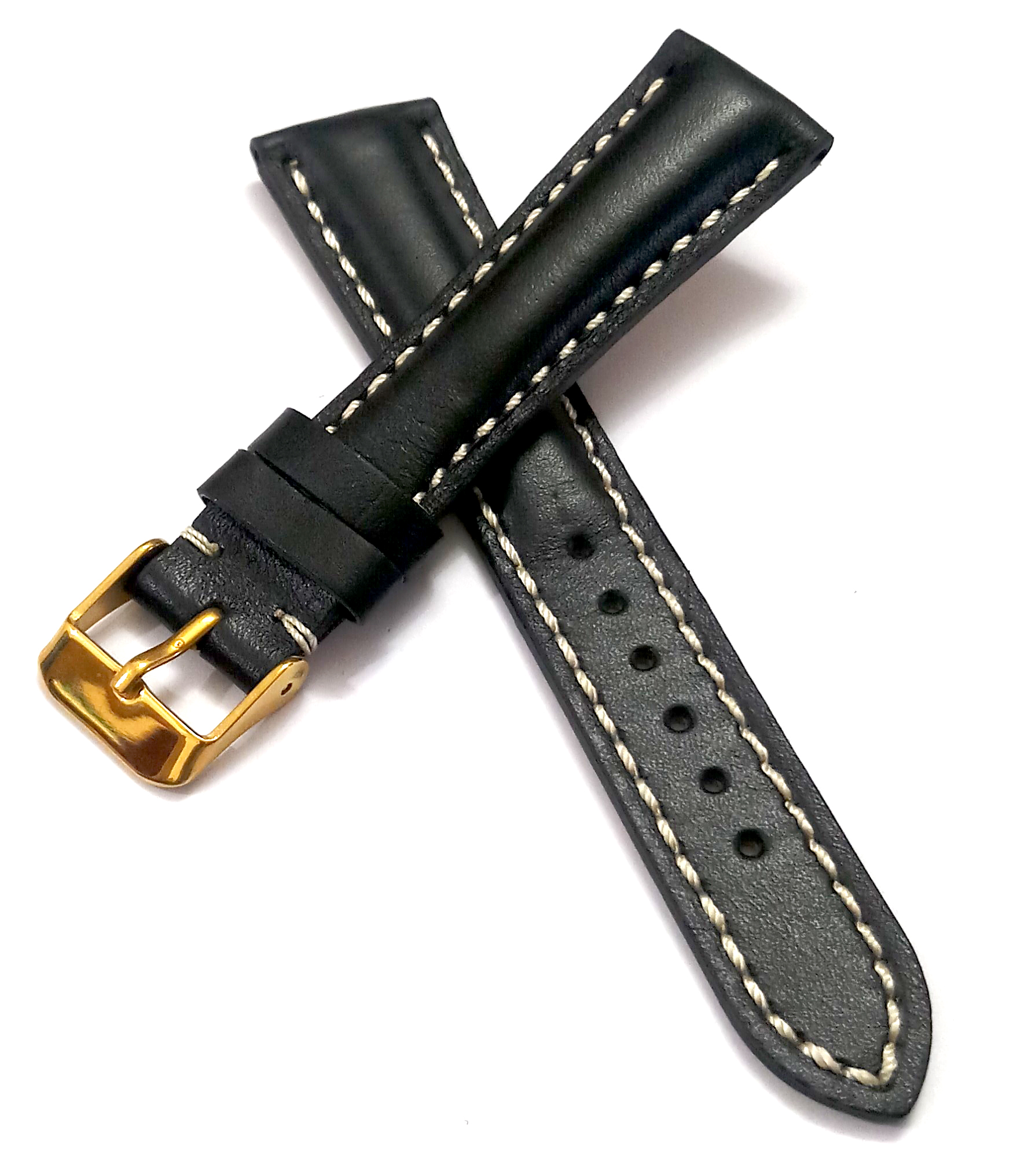 18mmm Genuine Leather Black With White Stich Watch Band Strap for Men and Women | Comfortable and Durable Material | Yellow Buckle - Image 4