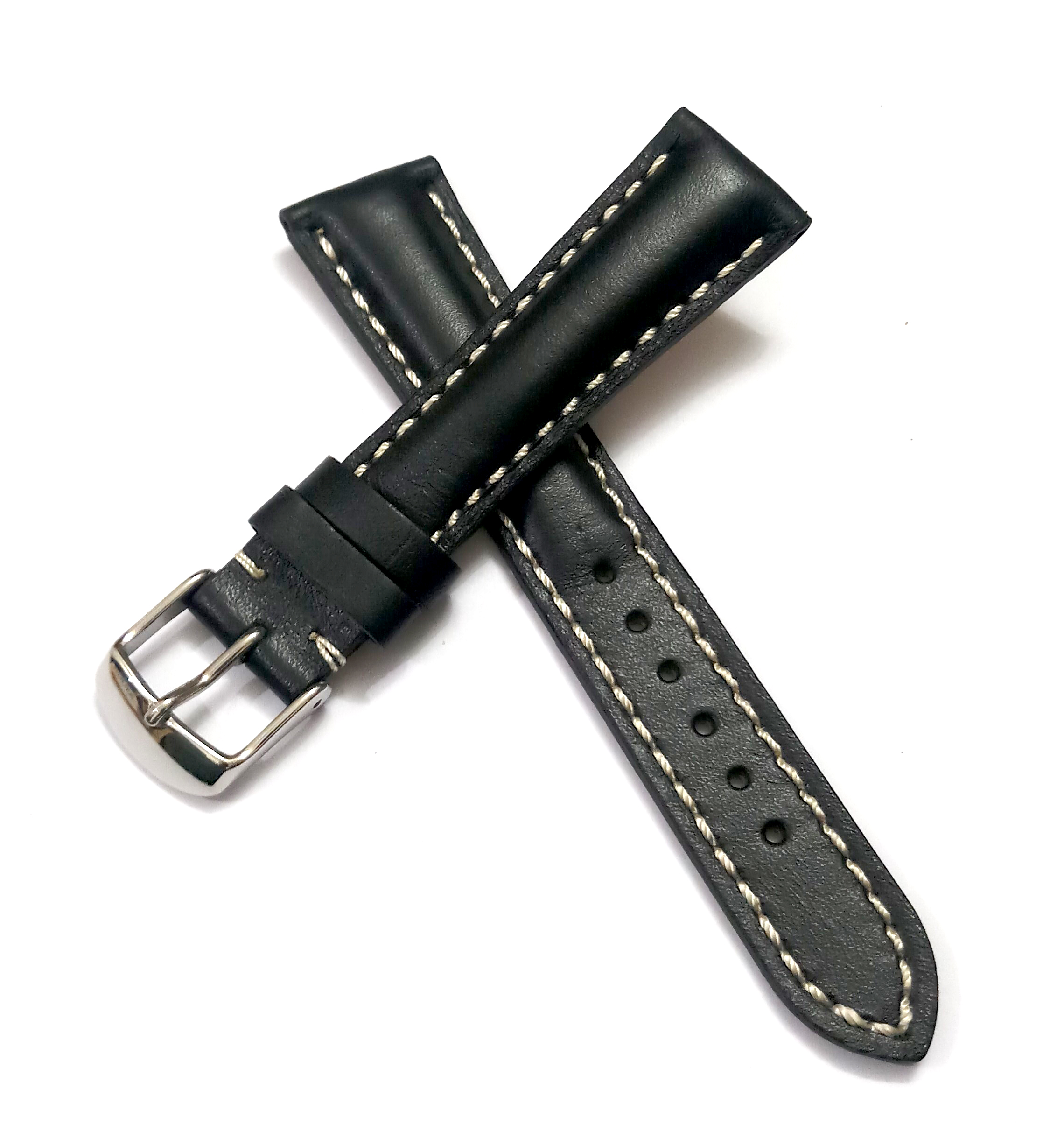 18mmm Genuine Leather Black With White Stich Watch Band Strap for Men and Women | Comfortable and Durable Material | Silver Buckle - Image 4