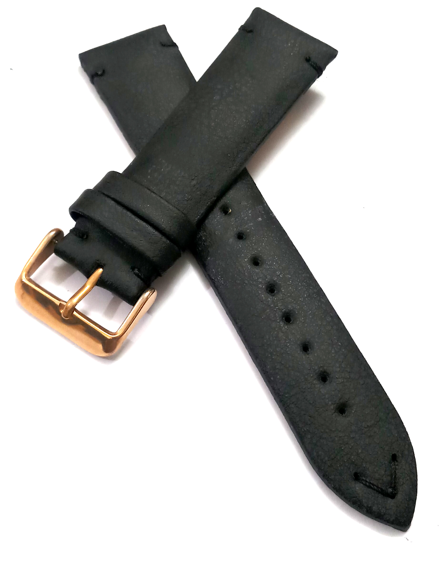 22mmm Genuine Leather Black With Black Stich Watch Band Strap for Men and Women | Comfortable and Durable Material | Rose Buckle