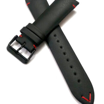 22mmm Genuine Leather Black With Red Stich Watch Band Strap for Men and Women | Comfortable and Durable Material | Black Buckle
