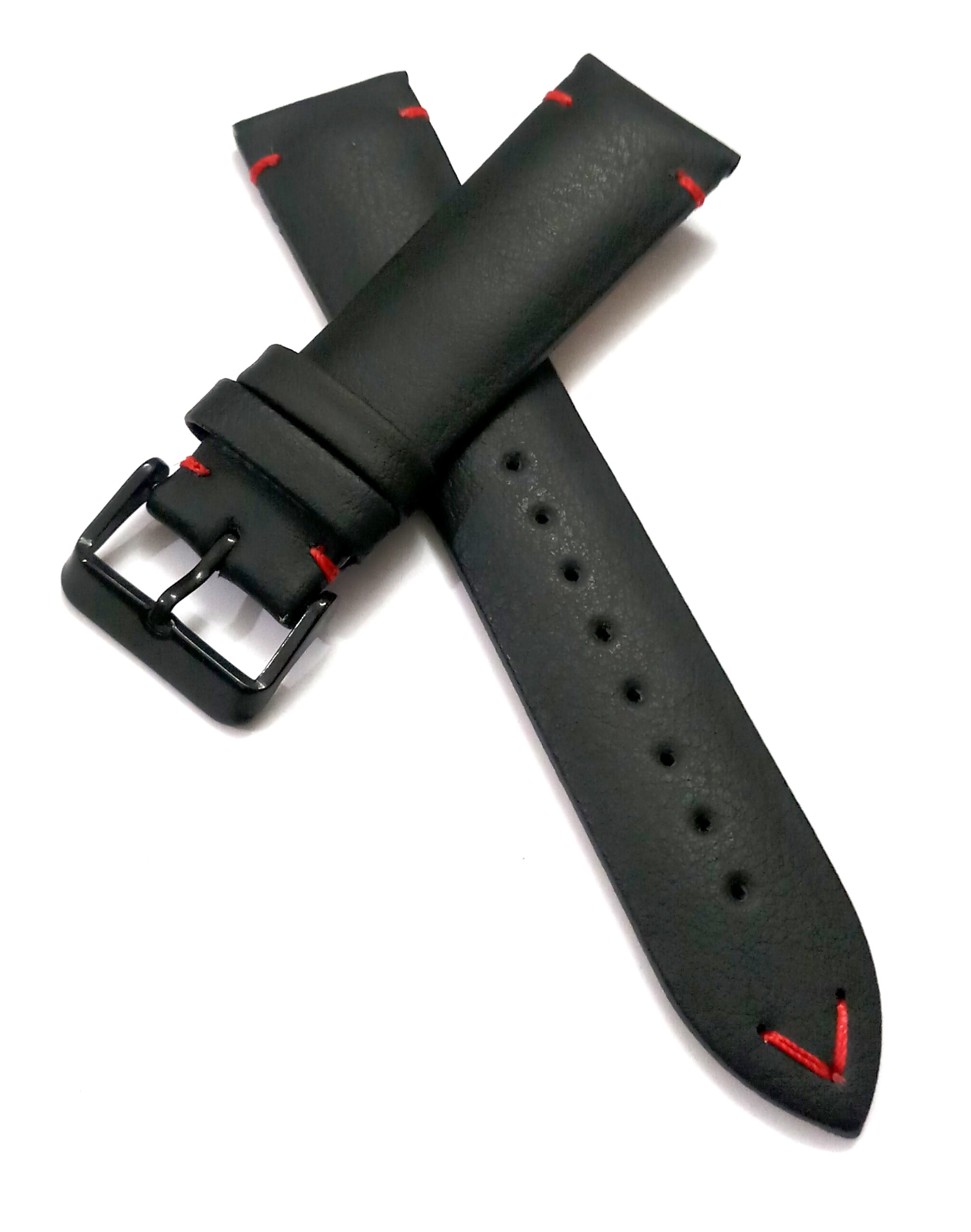 22mmm Genuine Leather Black With Red Stich Watch Band Strap for Men and Women | Comfortable and Durable Material | Black Buckle