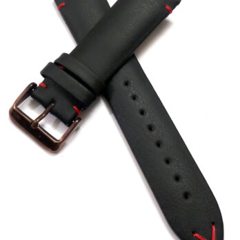 22mmm Genuine Leather Black With Red Stich Watch Band Strap for Men and Women | Comfortable and Durable Material | Dark Brown Buckle