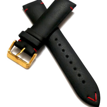 22mmm Genuine Leather Black With Red Stich Watch Band Strap for Men and Women | Comfortable and Durable Material | Golden Buckle