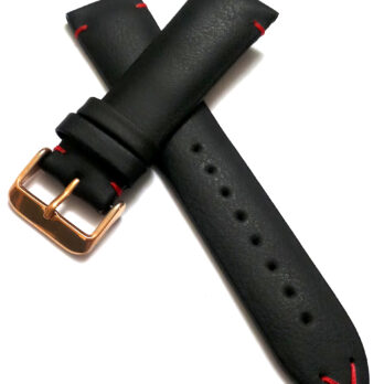 22mmm Genuine Leather Black With Red Stich Watch Band Strap for Men and Women | Comfortable and Durable Material | Rose Buckle