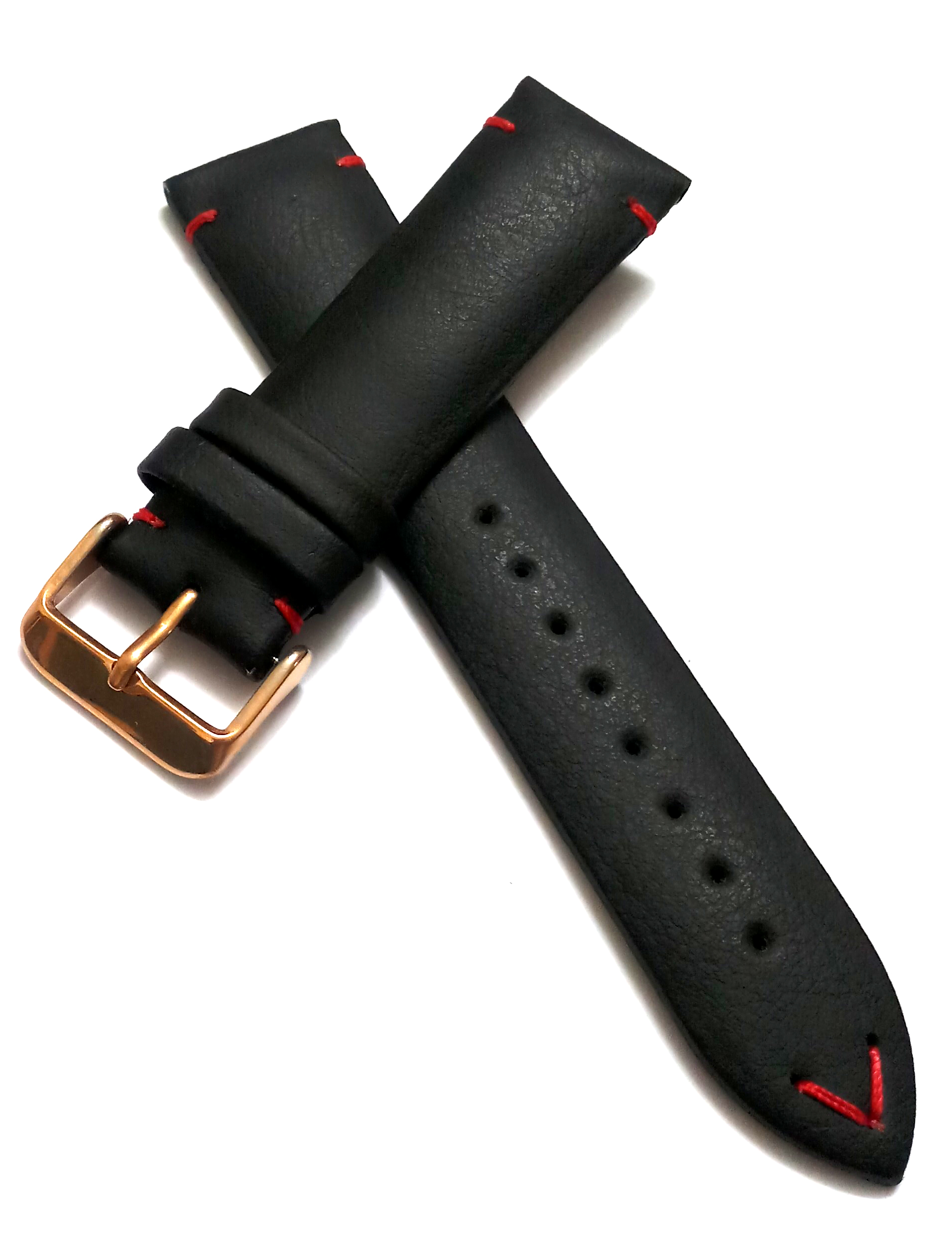 22mmm Genuine Leather Black With Red Stich Watch Band Strap for Men and Women | Comfortable and Durable Material | Rose Buckle