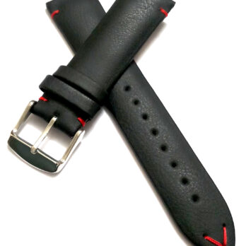22mmm Genuine Leather Black With Red Stich Watch Band Strap for Men and Women | Comfortable and Durable Material | Silver Buckle