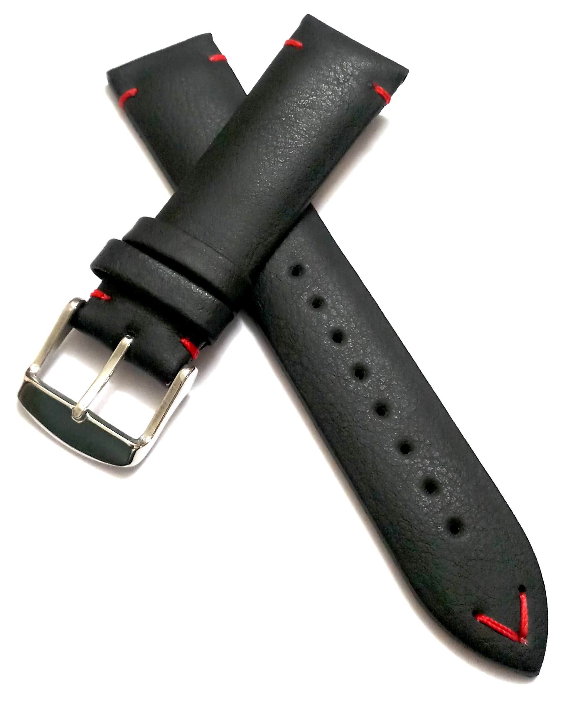 22mmm Genuine Leather Black With Red Stich Watch Band Strap for Men and Women | Comfortable and Durable Material | Silver Buckle