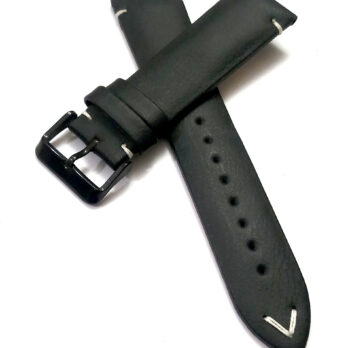 22mmm Genuine Leather Black With White Stich Watch Band Strap for Men and Women | Comfortable and Durable Material | Black Buckle