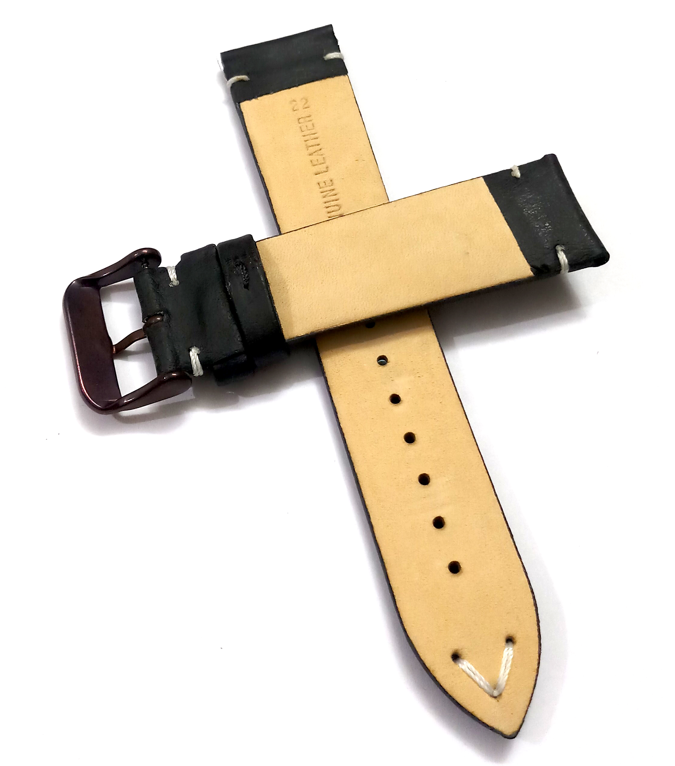 22mmm Genuine Leather Black With White Stich Watch Band Strap for Men and Women | Comfortable and Durable Material | Dark Brown Buckle - Image 3