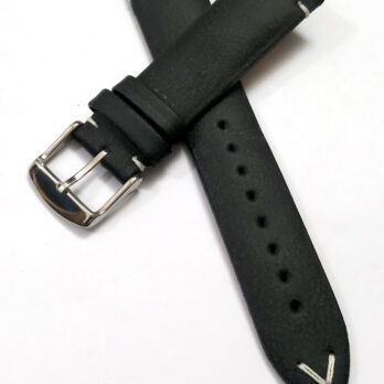 22mmm Genuine Leather Black With White Stich Watch Band Strap for Men and Women | Comfortable and Durable Material | Silver Buckle