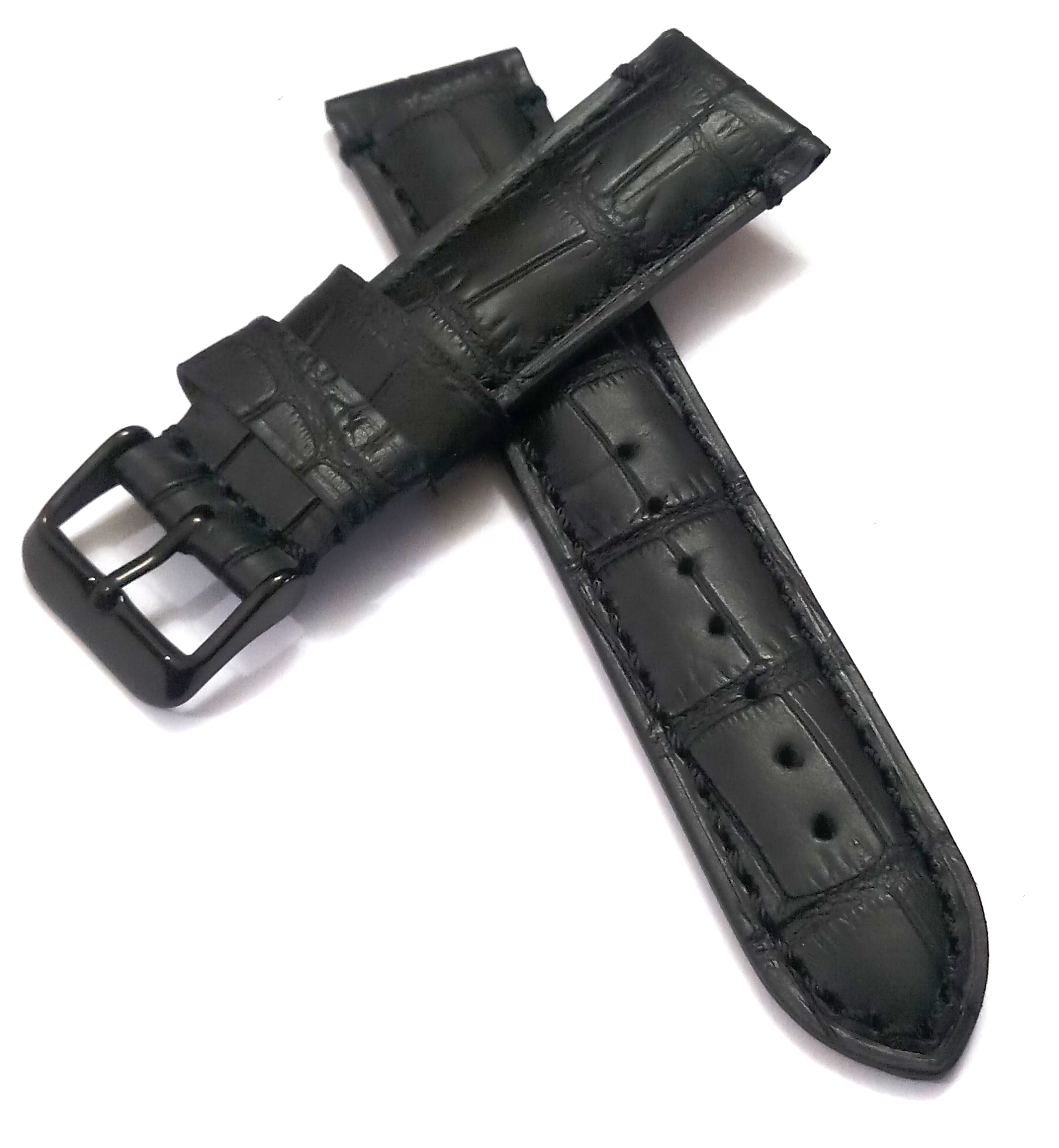 22mmm Genuine Leather Black With Black Stich Watch Band Strap for Men and Women | Comfortable and Durable-Material | Black Buckle - Image 2