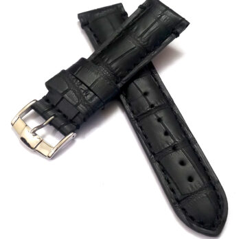 22mmm Genuine Leather Black With Black Stich Watch Band Strap for Men and Women | Comfortable and Durable-Material | Silver Buckle