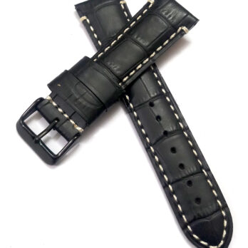 22mmm Genuine Leather Black With White Stich Watch Band Strap for Men and Women | Comfortable and Durable Material | Black-Buckle