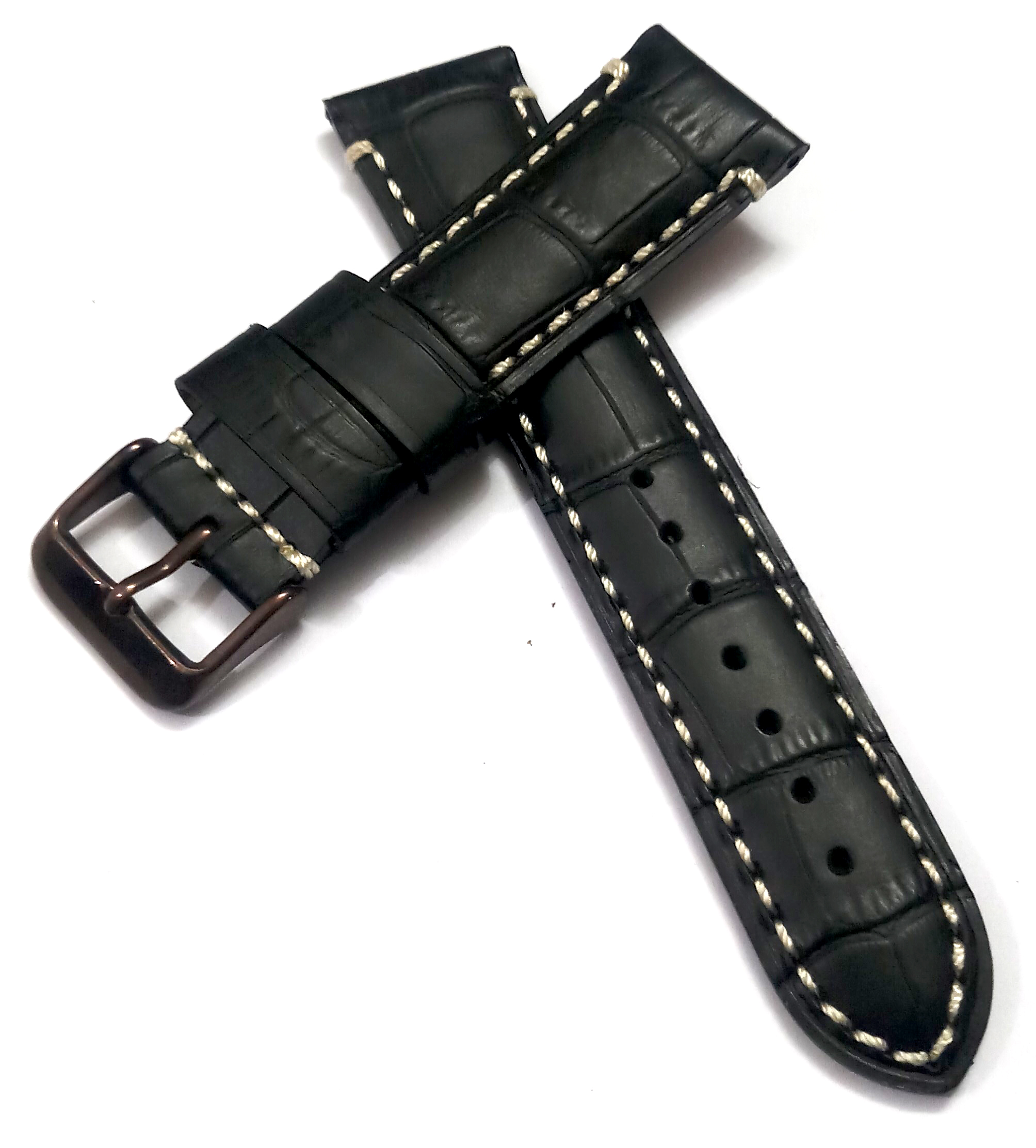 22mmm Genuine Leather Black With White Stich Watch Band Strap for Men and Women | Comfortable and Durable Material | Dark Brown-Buckle - Image 2